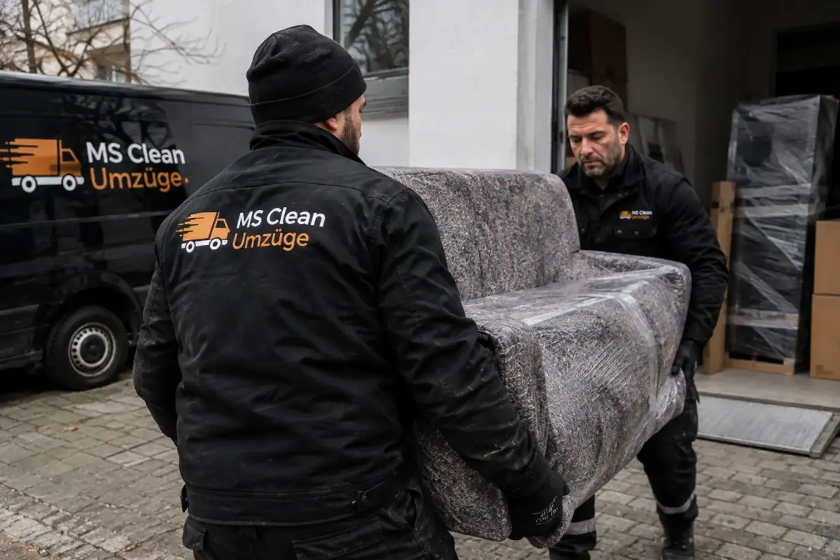 Umzugshelfer von Ms Clean tragen ein foliertes Sofa zum Umzugswagen