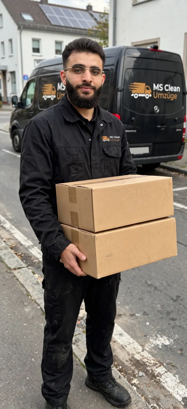 Umzugshelfer von Ms Clean mit Umzugskartons vor dem Transporter